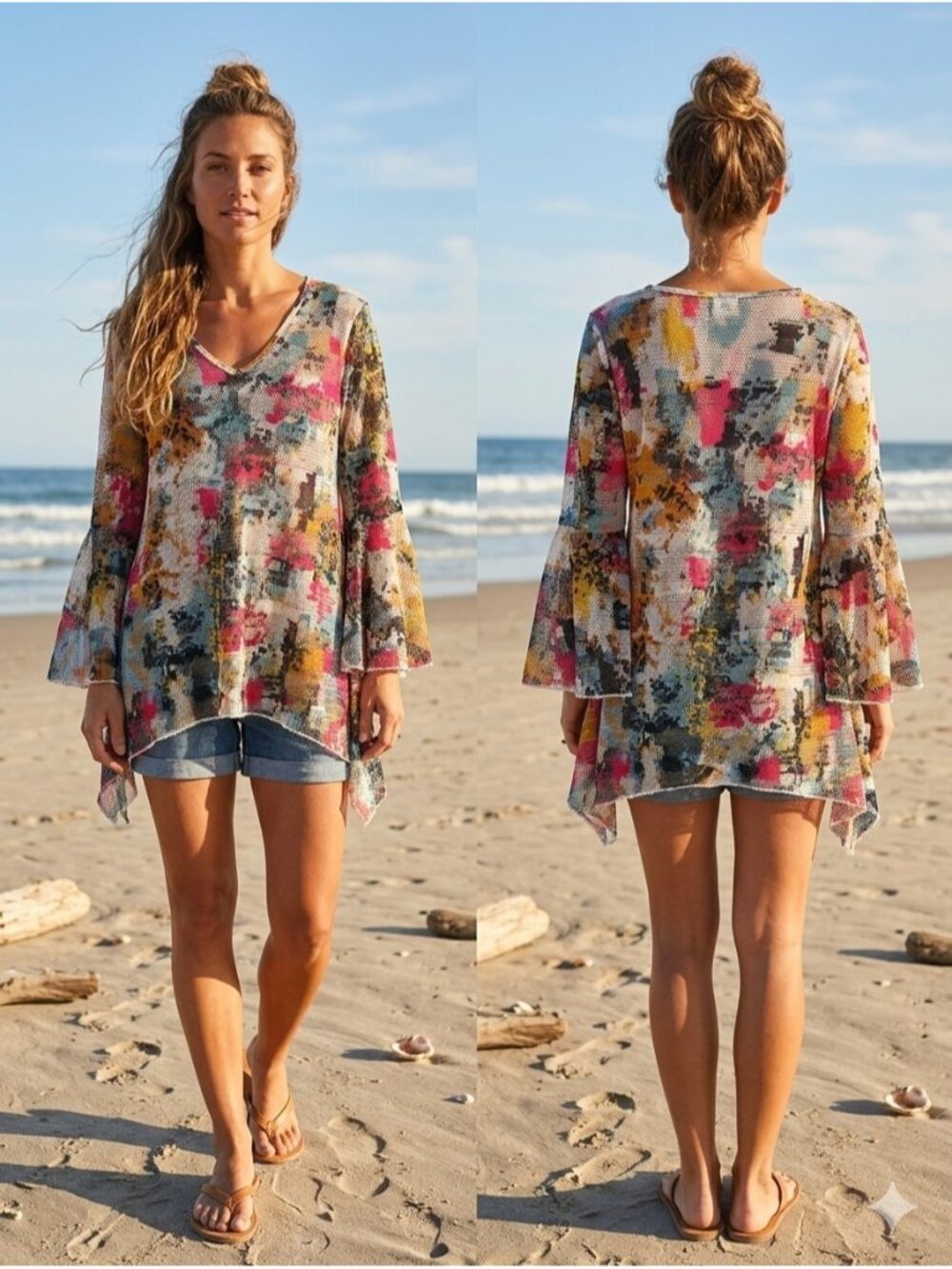 Dor Dor Couture 1X Mesh Bell Sleeve Sharkbite Hem Abstract Colorful Boho Top